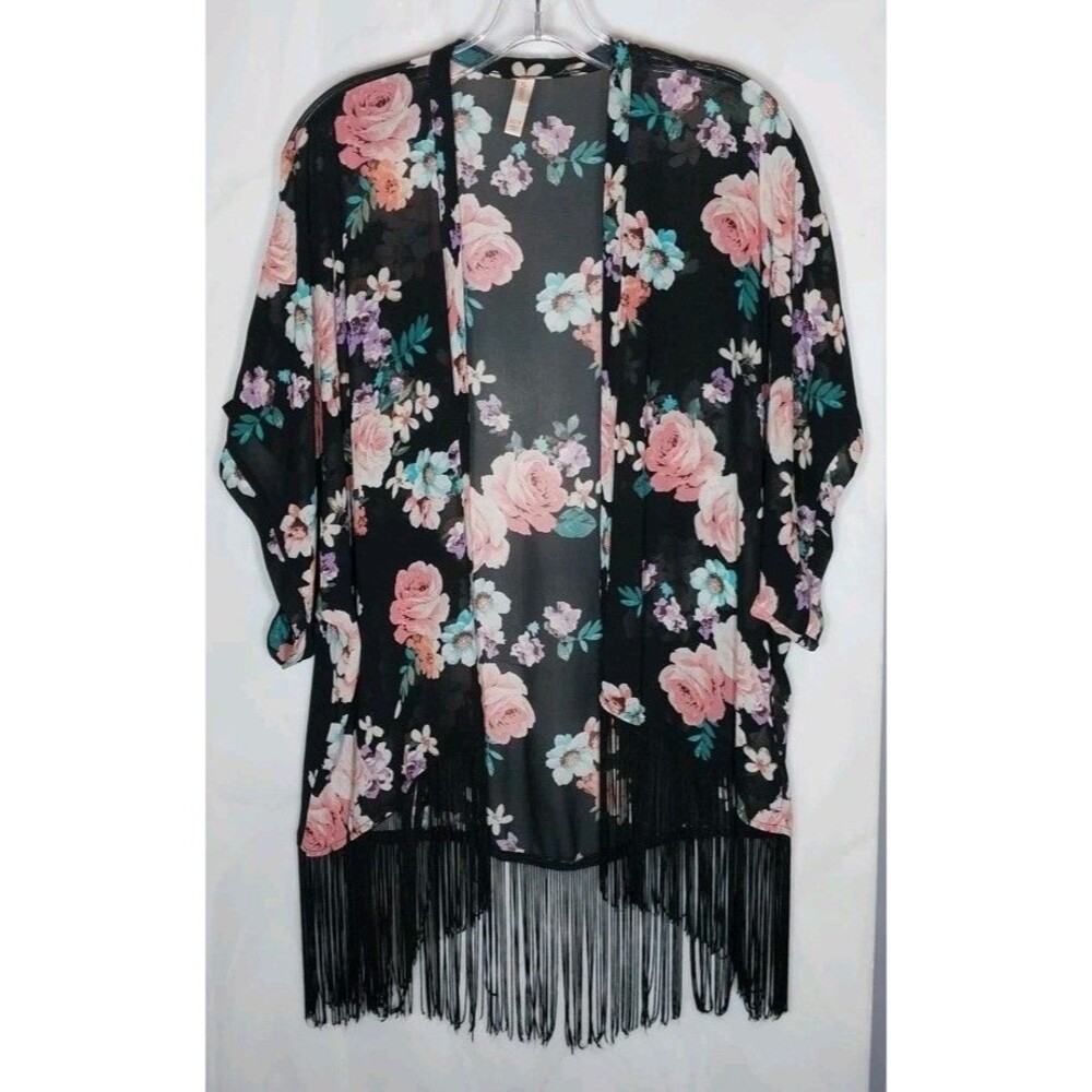 Xhilaration Floral Fringe Kimono XS Black Pink Sheer Open Front Boho Cardigan